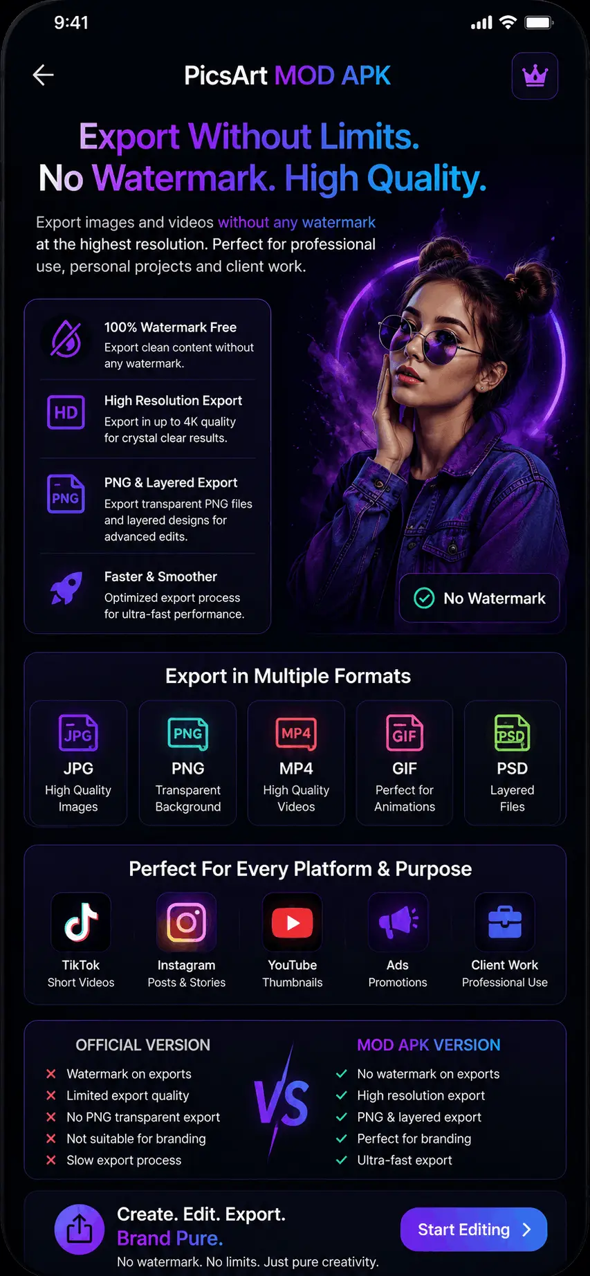 PicsArt MOD APK export photos and videos without a watermark.