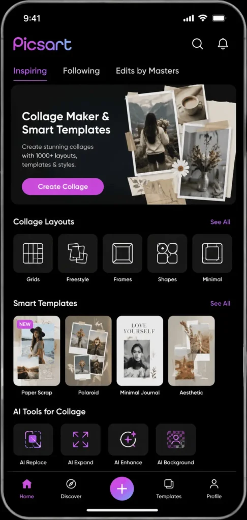 PicsArt MOD APK collage maker with smart templates for creative photo layouts