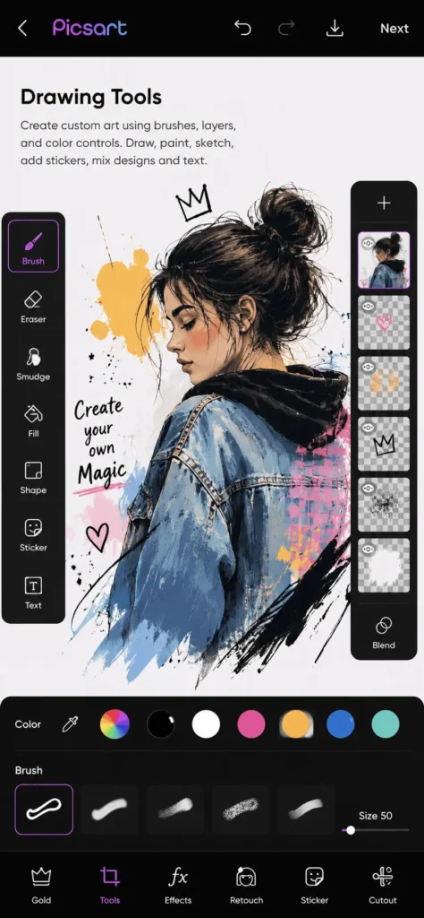 PicsArt MOD APK drawing tools with brushes, layers, and color palette