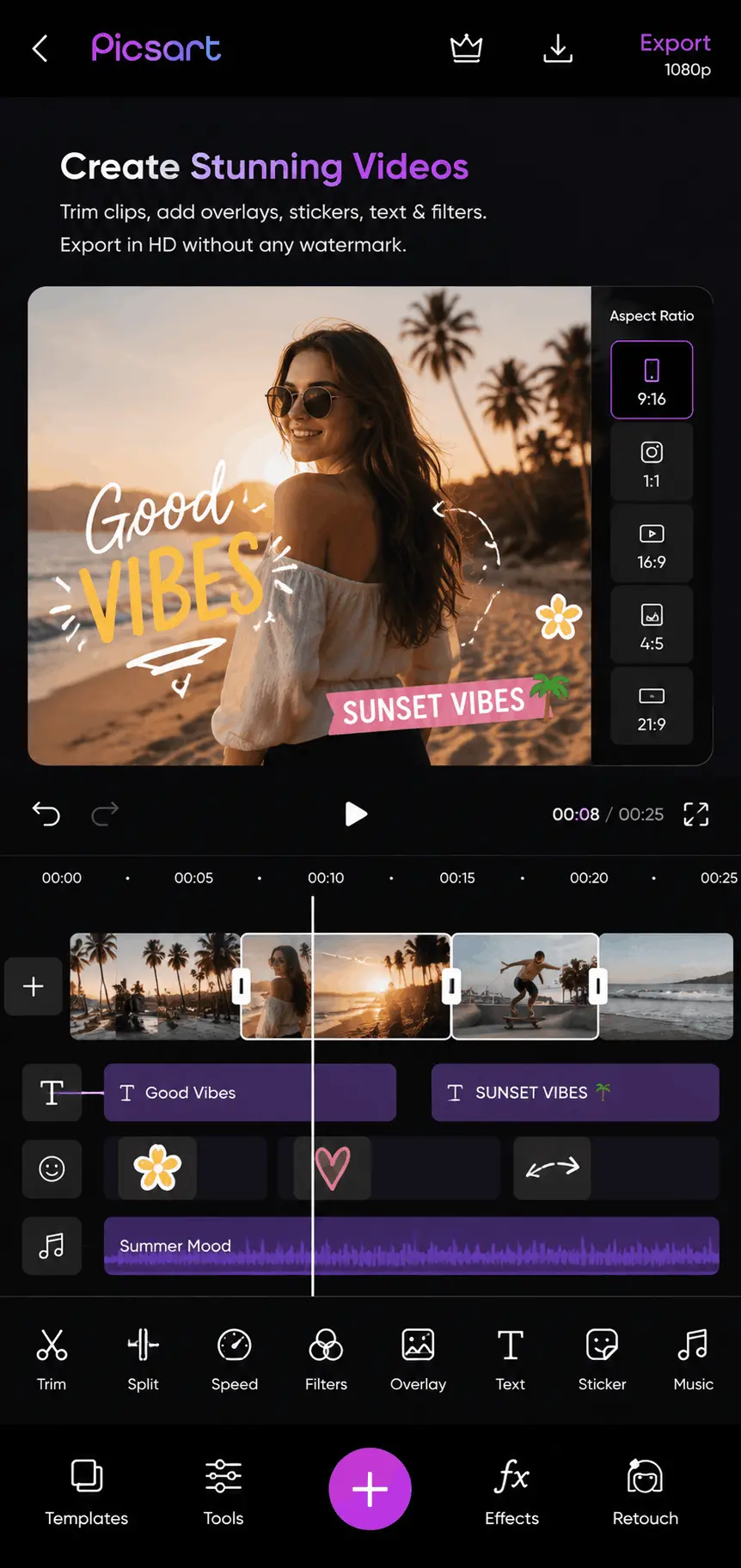 PicsArt MOD APK video editor with trimming, effects, and HD export