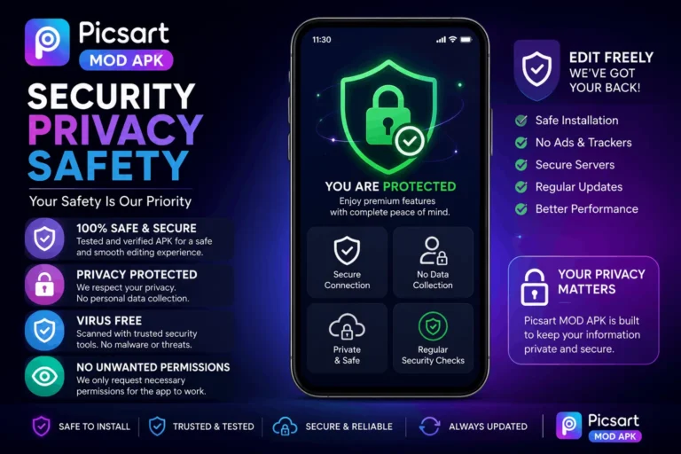 PicsArt MOD APK security, privacy, and safe installation illustration