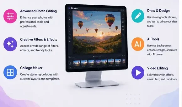 PicsArt Mod APK for PC features including AI tools, collage maker, drawing, filters, and video editor