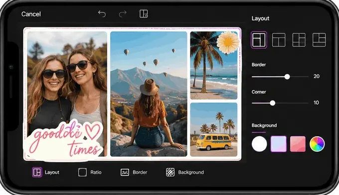 PicsArt photo editing workspace on iPad featuring AI effects, filters, retouch tools, and background editing options.