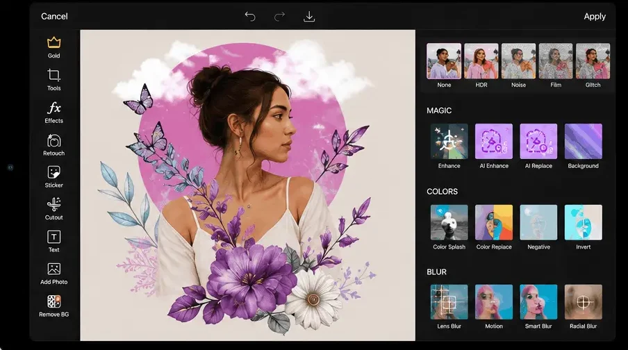 PicsArt app home screen on iPhone displaying AI tools, trending templates, a photo editor, a video editor, and creative features.