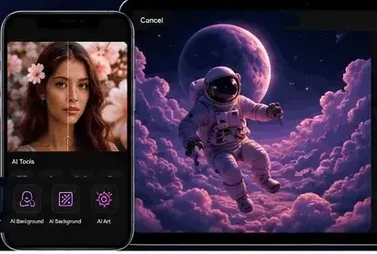 PicsArt AI tools on iPhone and iPad showing AI image generation, enhancement, background removal, and creative effects.