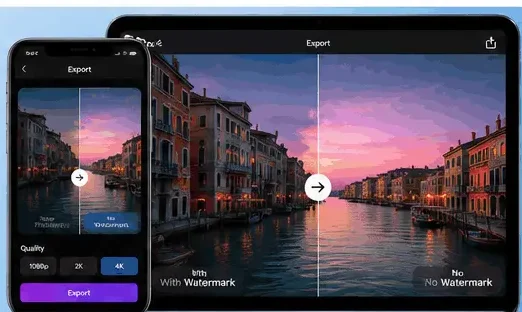 Comparison of image export with and without watermark in PicsArt on iPhone and iPad.