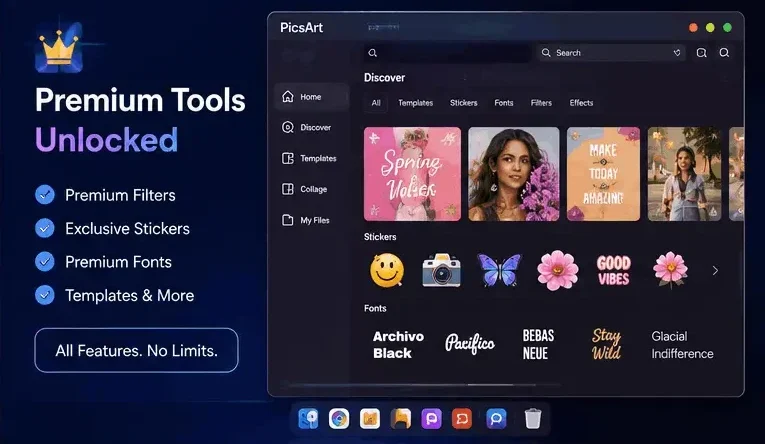 PicsArt for Linux displaying premium templates, stickers, fonts, filters, and creative editing resources.