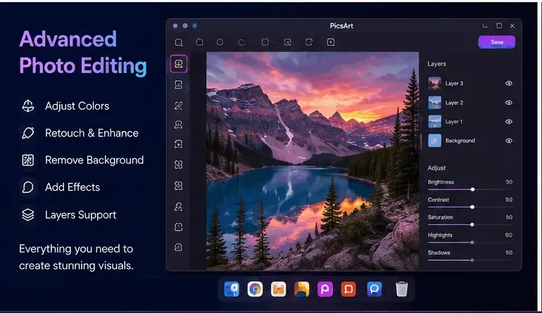Linux desktop displaying PicsArt with layers, color adjustment, background removal, and professional photo editing tools.