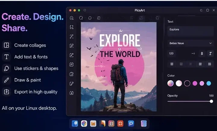PicsArt graphic design editor on Linux featuring text editing, fonts, stickers, and poster creation tools.