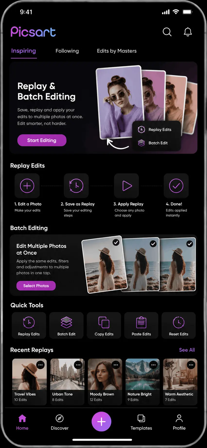PicsArt MOD APK replay edits and batch photo editing feature