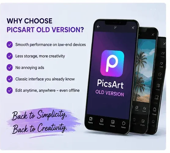 Infographic highlighting the benefits of PicsArt Old Version, including offline editing, fast performance, classic interface, and compatibility with older Android devices.