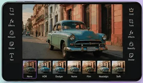 PicsArt Old Version photo editing tools showing portrait enhancement, filters, crop, brightness, and text editing features.