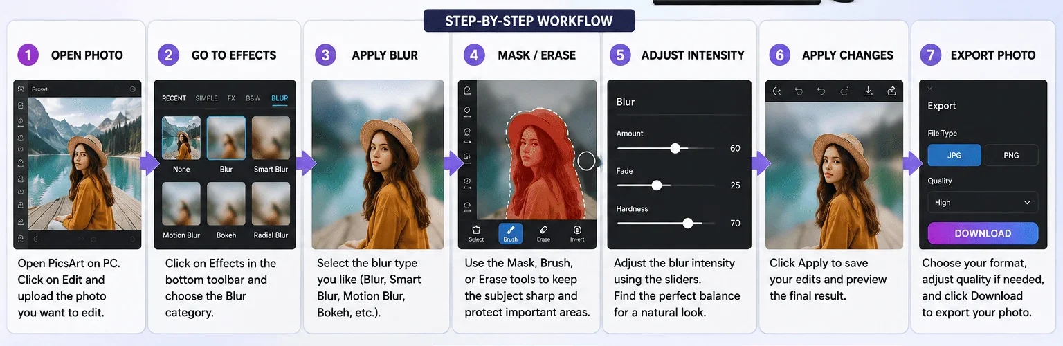 How to blur background in PicsArt on PC with step-by-step editing workflow