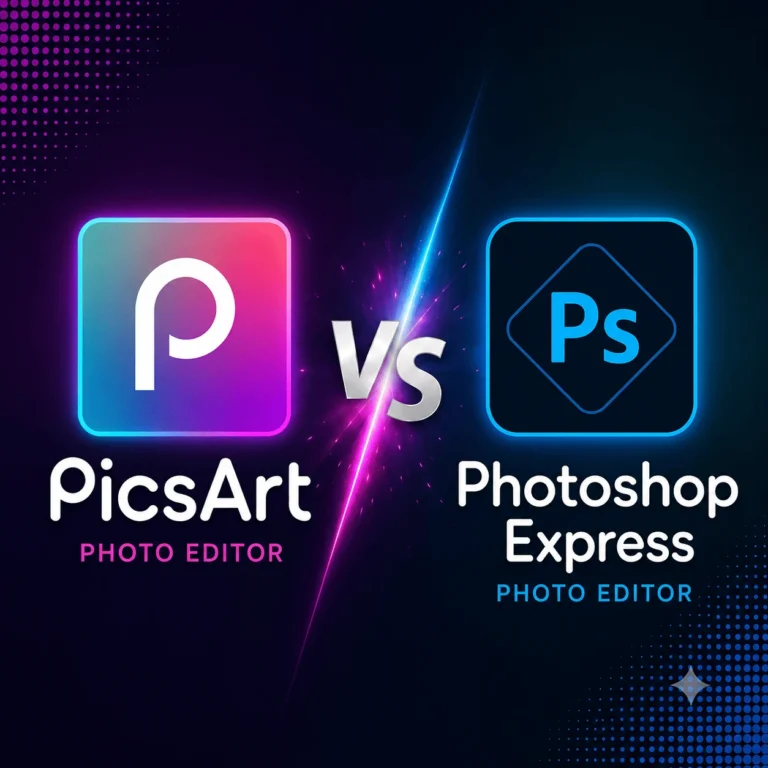 PicsArt vs Photoshop Express comparison showing both photo editing apps side by side