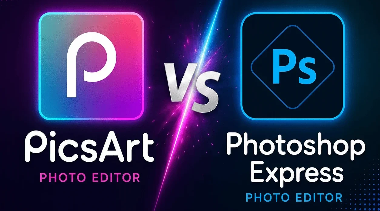PicsArt vs Photoshop Express comparison showing both photo editing apps side by side