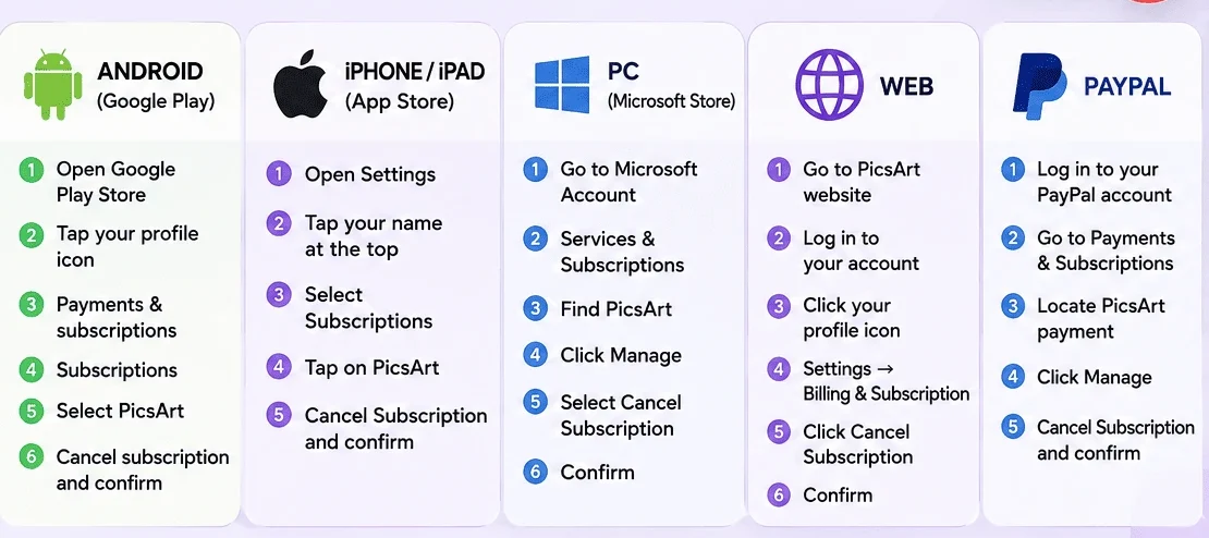 Step-by-step guide to cancel PicsArt subscription on Android, iPhone, PC, web and PayPal