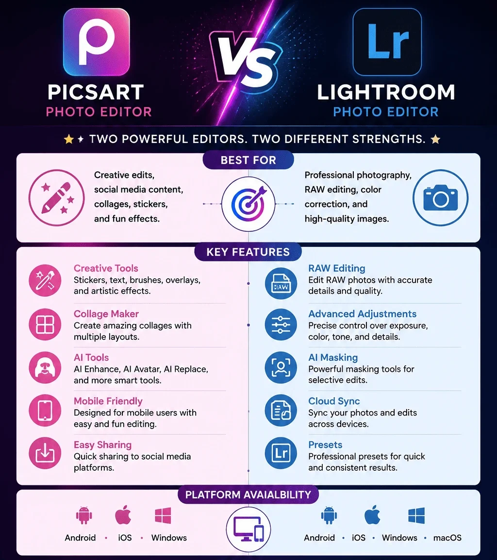 PicsArt vs Lightroom infographic comparing features and editing tools