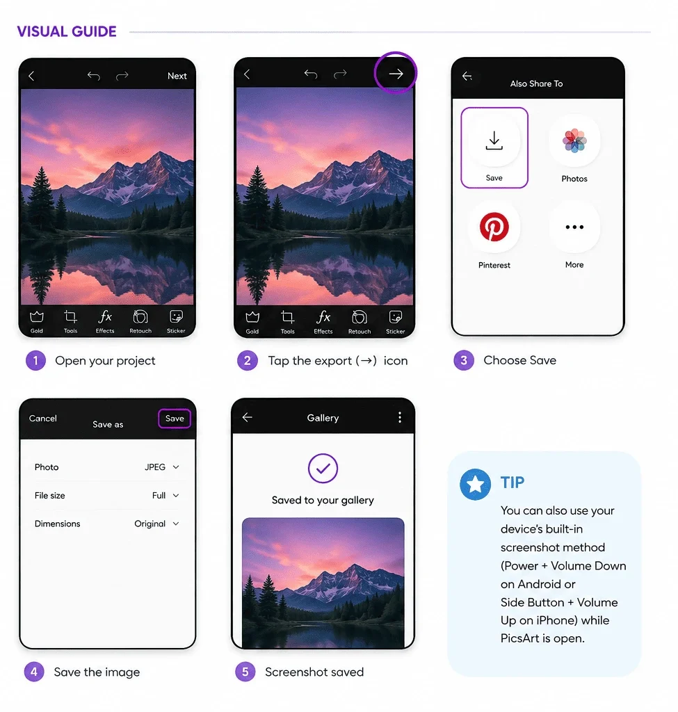 step by step process to take screenshot in PicsArt