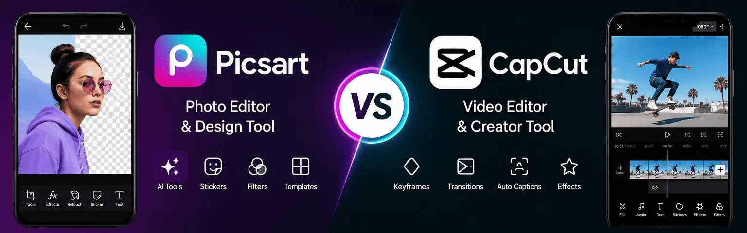 Side-by-side comparison of PicsArt and CapCut showing photo editing, video editing, AI tools, filters, templates, and creative features