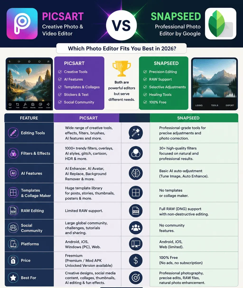 PicsArt vs Snapseed features, editing tools, and comparison