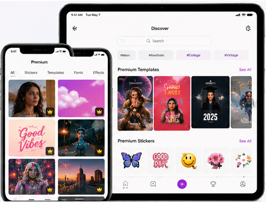 PicsArt MOD APK premium assets unlocked with free stickers, templates, fonts, and editing tools