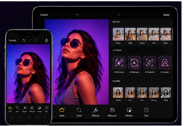 PicsArt for iOS with free access to photo editing tools, filters, stickers, and creative features