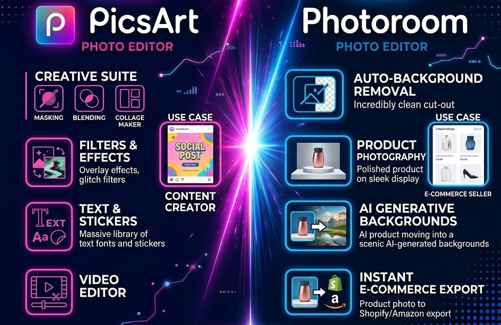 A digital versus graphic comparing two mobile photo editor apps.