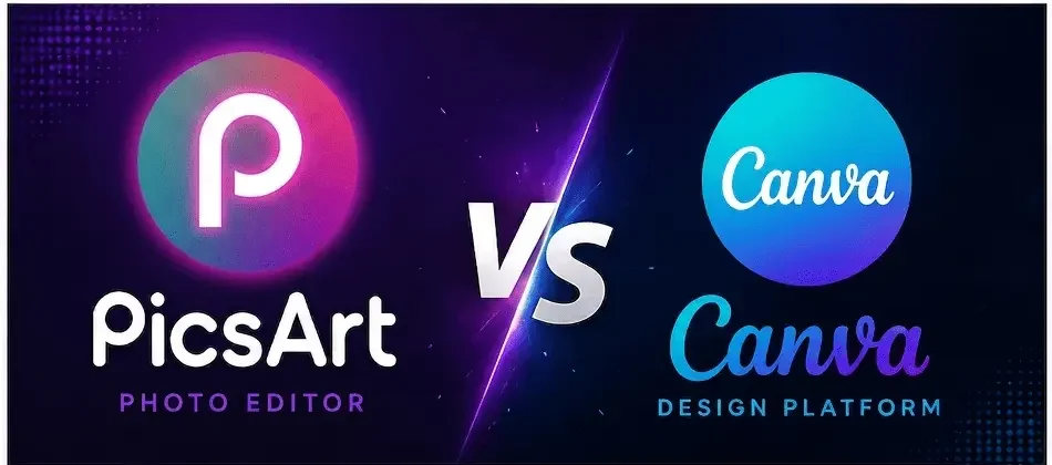 PicsArt vs Canva comparison showing the differences between AI photo editing, creative tools, templates, and graphic design features.