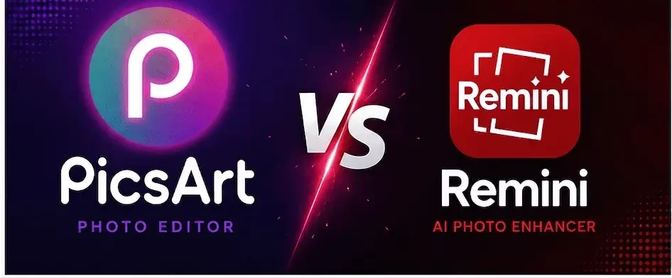 Side-by-side comparison of PicsArt and Remini showing photo editing tools, AI features, filters, templates, and image enhancement capabilities.