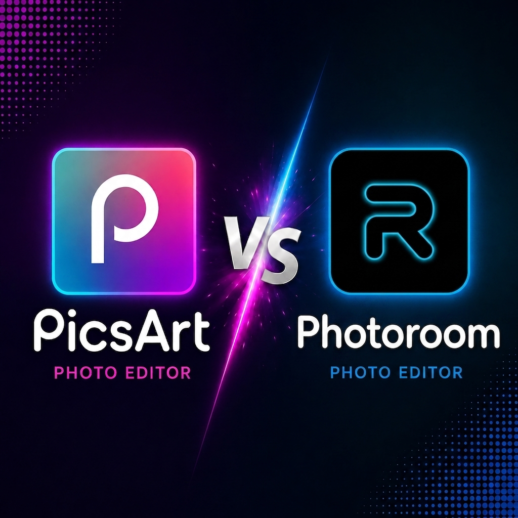 A digital comparison graphic featuring two mobile photo editing app icons.